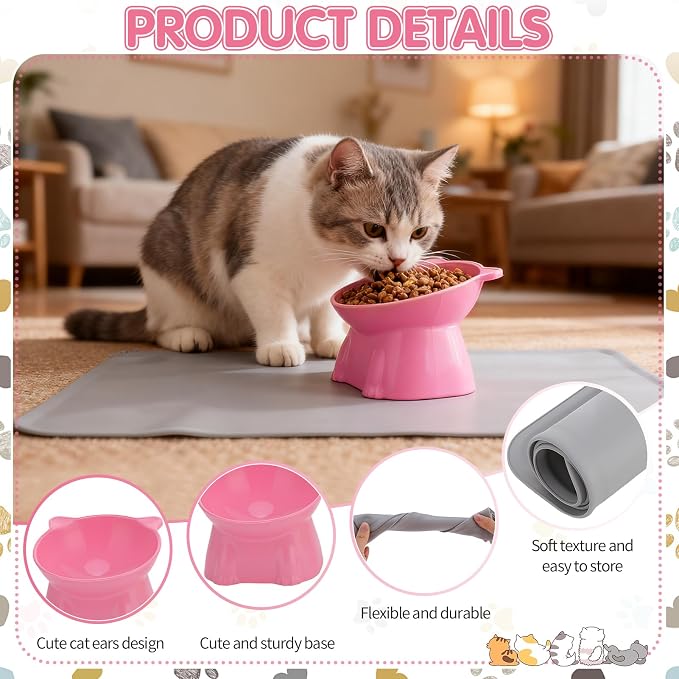 Elevated Cat Bowls 15° Raised Cat Bowl with Silicone Mat Multicolor | Whisker Friendly Anti Vomiting Cats Dishes Pet Food and Water Bowls for Indoor Cats Kittens - Image 3