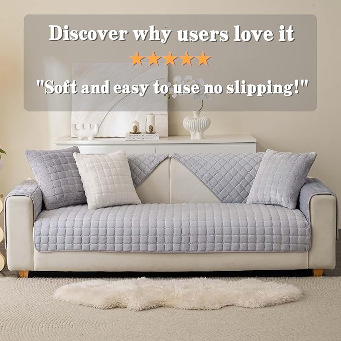 Velvet Washable Couch Cover for Pets Dogs, Non Slip Sectional Sofa Covers for 3 Cushion Couch Sofa L Sharped Sofa Slipcovers, Furniture Protector (1 PCS 36"x94",Light Grey) - Image 6