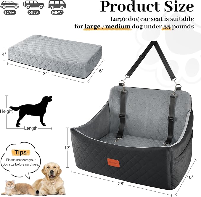Wooaidagg Dog Car Seat for Medium & Large Dogs Up to 55lbs, Memory Foam Cushion, Washable Cover, Safety Straps & Non-Slip Base(Black/Grey,Large) - Image 3