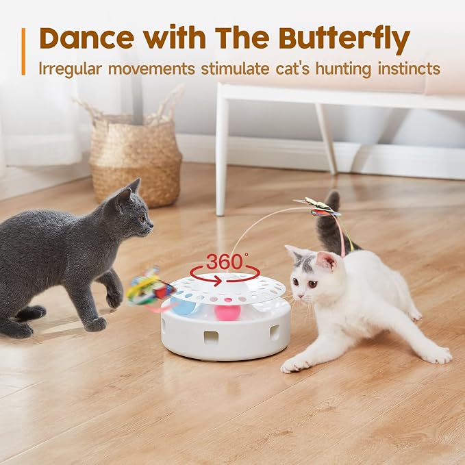 Potaroma Cat Toys 3in1 Automatic Interactive Kitten Toy, Fluttering Butterfly, Moving Feather, Track Balls, Dual Power Supplies, USB Powered, Indoor Exercise Kicker (Bright White) | Fluttering Butterfly, Moving Feather, Balls, Dual Power Supplies, USB ... - Image 3