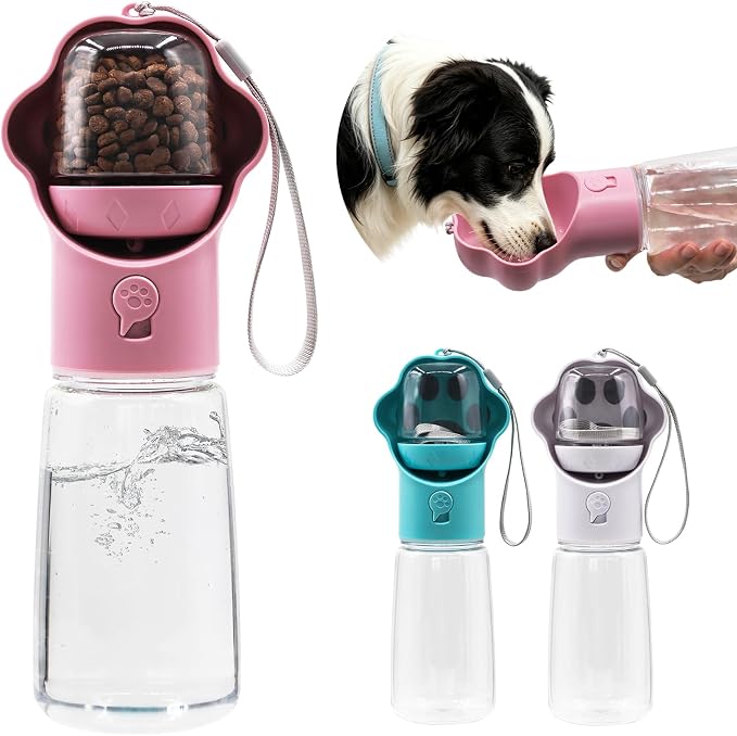 Dog Water Bottle with Food Container, Portable Pet Dispenser, Leak Proof, Hiking, Puppy Travel, Outdoor Activities(18.6 fl.oz/550ml, Pink) by Unknown