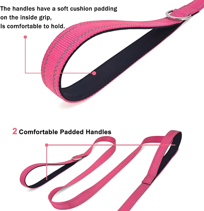 6 FT Pink Nylon Reflective Dog Leash for Small Dogs with 2 Padded Handle | Soft breathable padded dual handles,D-Ring design - Image 4