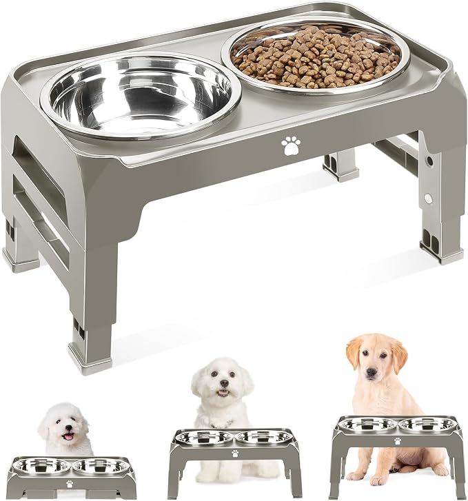 Elevated Dog Bowls 3 Height Adjustable Raised Bowl Stand with 25oz Stainless Steel Dog Food Bowls Anti-Slip for Small Dogs Adjusts to 7.5", 6", 2.75", Grey by AIRMX