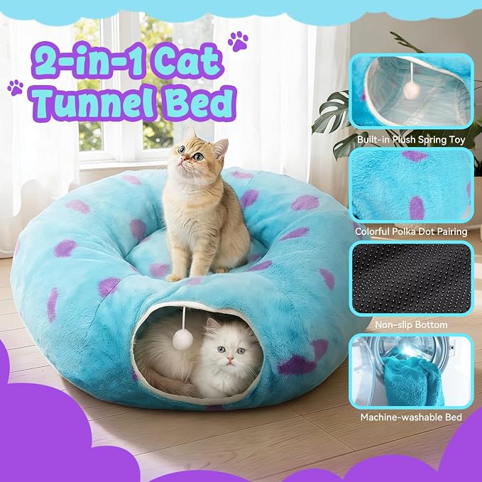 Cat Tunnel Bed for Indoor Cats, Cute Cat Tunnel Toy with Washable Cushion, Fits Cats up to 25 lbs, Peekaboo Cave Pet Bed for Kittens, Rabbits, Blue Purple Donut - Image 2