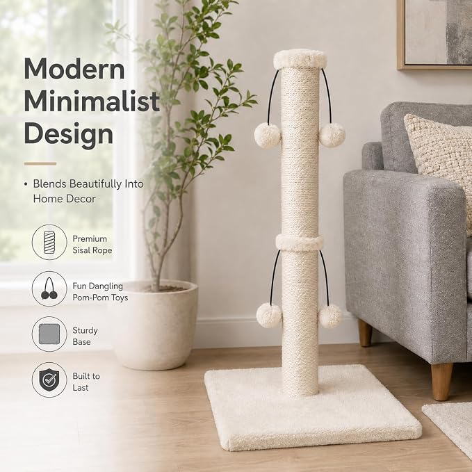 Dimaka 34'' Cat Scratching Post, Cat Scratching Post, Cat Scratcher for Large Cats with Teasing Toy Ball, Natural Sisal White and Grey (Beige) - Image 8