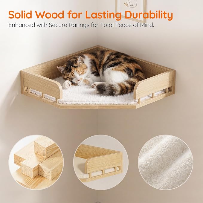 HOOBRO 11 Pcs Cat Wall Shelves for Large Cats up to 25 lb, Wooden Wall-Mounted Cat Shelves Set, Corner Cat Shelf with 2 Arched Platforms, Climbing System with Perche, Scratching Post, Natural NL49CS03 - Image 3