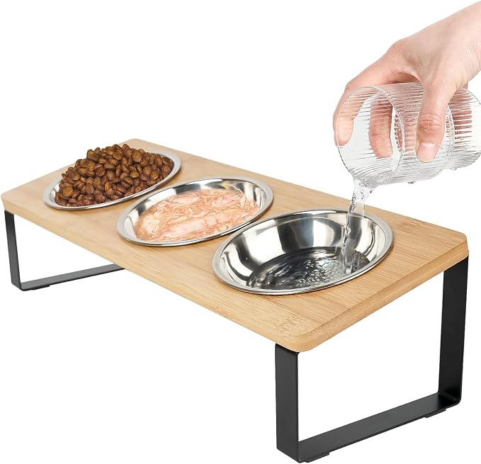 Elevated Cat Bowl, 15° Tilted Cat Bowl Stand with 3 Stainless Steel Bowls for Indoor Cats and Pet, Raised Cats Bowls for Food and Water by Unknown