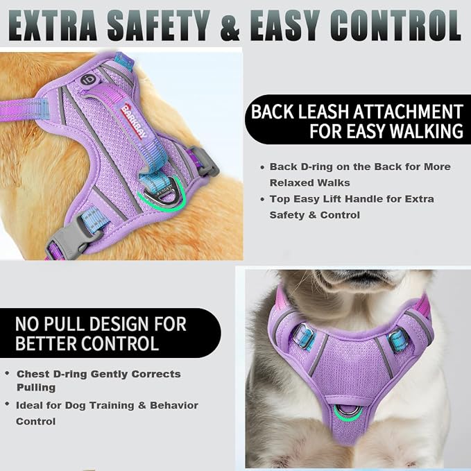BARKBAY No Pull Dog Harness Large Reflective Dog Harness with Front Clip and Easy Control Handle for Walking Training Running with ID tag Pocket(Lavender Sky,S) - Image 3