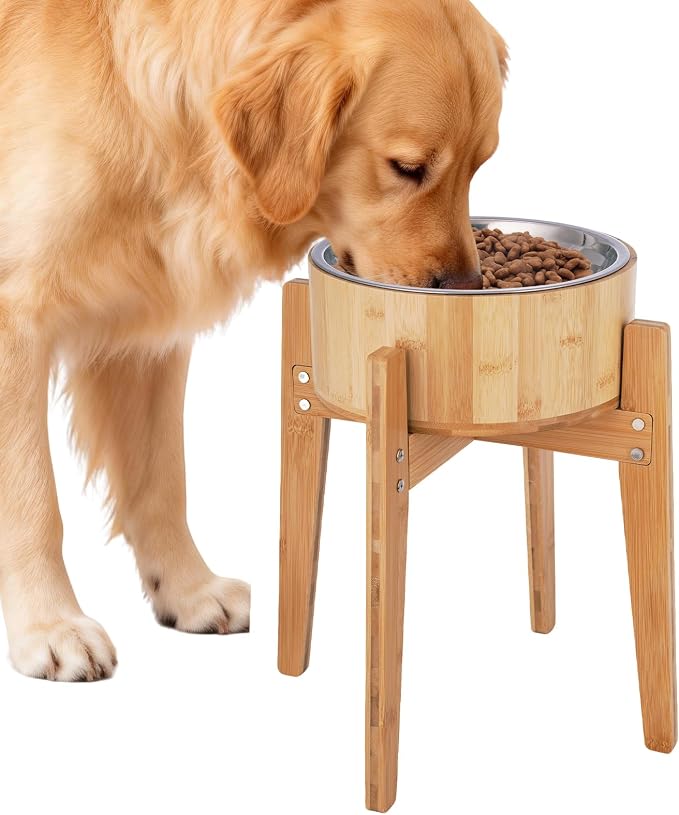 Elevated Dog Bowls for Large Dogs Feeder Two Bowls with a Stainless Steel and Bamboo Dishes，Raised Dog Bowl Stand with Non-Slip Feet，Ideal for Medium and Large Breeds， (13.5-inch High) by Unknown