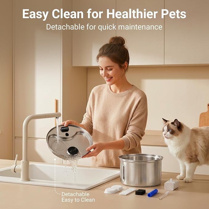 304 Stainless Steel Cat Water Fountain, 118oz/3.5L Pet Drinking Fountain for Cats and Small Dogs, Ultra-Quiet, Dishwasher Safe, Water Level Window, Cat Fountain with Smart Pump Protection - Image 7