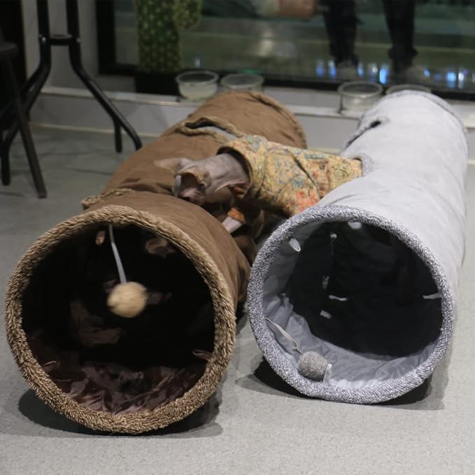 Cat Tunnel for Indoor Cats, 51×12 inch Foldable Big Cat Tunnel, Grey Suede Pet Tunnels with Two Peepholes and a Bubble Ball - Image 6