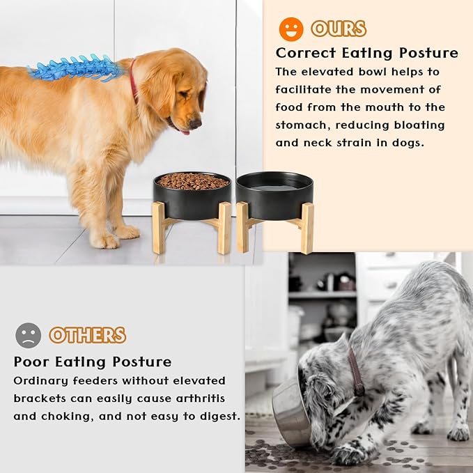 SPUNKYJUNKY Ceramic Elevated Dog Bowls 2 Pack - 6.1inch Raised Dog Bowls with Non-Slip Wooden Stand for Medium Dogs Dishwasher Safe(Black,28.7OZ*2) - Image 3