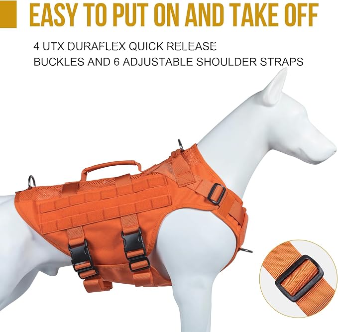 OneTigris Tactical Dog Harness for Small Dogs, No Pull Small Dog Vest Harness Breathable Military Dogs Molle Vests with Handles, Harness for Walking Hiking Training (Orange, XS) - Image 4