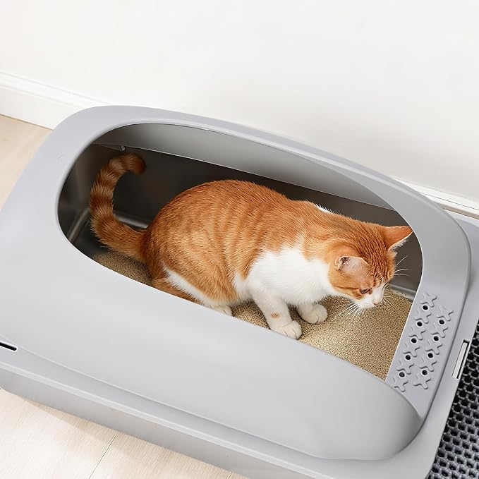 OLIXIS Stainless Steel Large Cat Litter Box with Lid, High Wall Sides | Large Cat Litter Box for Big Cats, Anti-Urine Leakage, Easy Cleaning, Scoop and Mat Included, Light Gray - Image 2