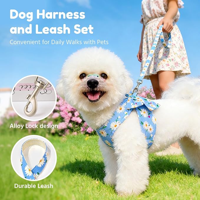 BAEJMJK Dog Harness and Leash Set with Bow Knot No Pull Pet Daisy Floral Harness with D-Ring Soft Mesh Dog Harness Vest Set Escape Proof Princess Puppy Harness for Small Girl Dogs Cats（Blue B S） - Image 7