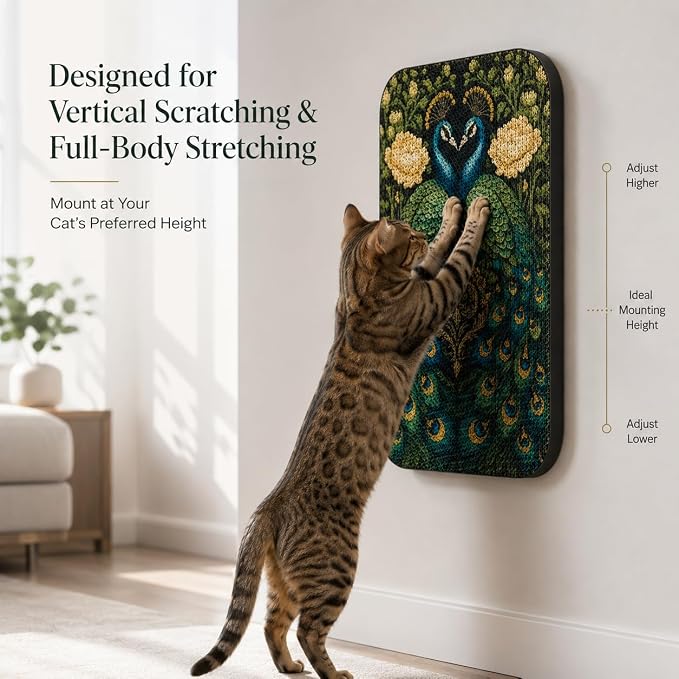 Cat Wall Scratcher, Art Cat Scratching Board for Indoor Cats | Wall Mounted Cat Scratch Pad, Water-Based Ink, Hook&Loop Strips, Floor or Wall Use, 16.7x11x1 Inch, Peacock 1 - Image 8