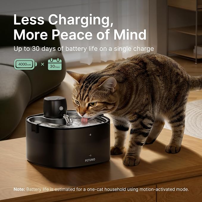 Cordless Cat Water Fountain, 78oz/2.3L, Battery Operated, Silver | Stainless Steel Tray, Rechargeable 4000mAh, Wireless, Motion Sensor, Ultra-Quiet Pump, Locking Lid, Automatic Fountain - Image 4