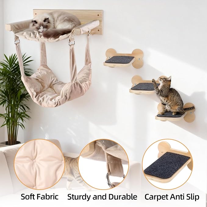 Wall Mounted Cat Double Hammock & 3 Steps, Pine Climbing Shelf & Perch Set, Multi-Function Wall-Mounted Cat Furniture for Sleep Play Climb, Easy DIY Installation - Image 6
