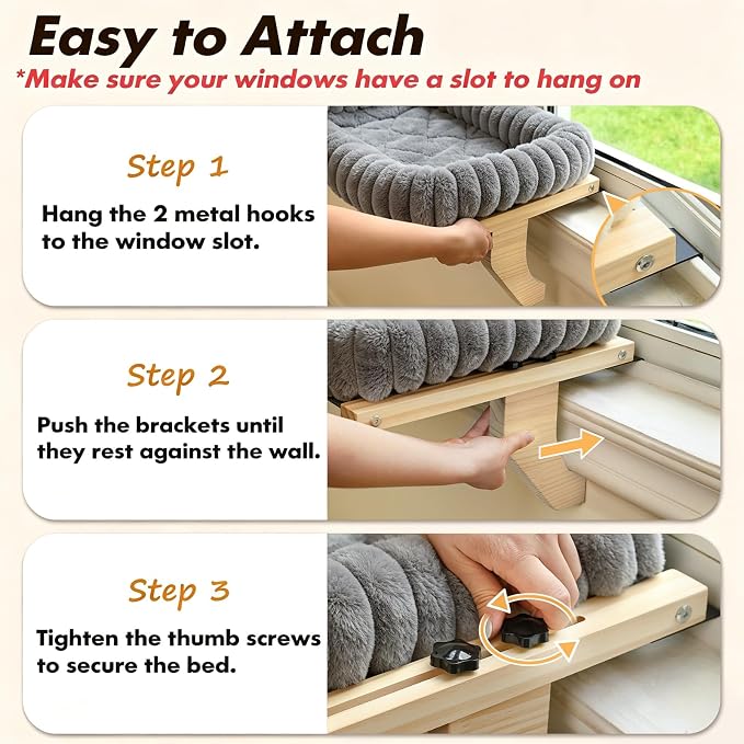 Zoratoo Cloud-Cuddle Cat Perch for Window Sill with Zipper Cushion, M Gray | 21.7’’x18’’, Removable for Machine Wash, Fluffy Plush Bolster, Sturdy Metal Frame for Large Cats up to 40lbs, Easy to Adjust - Image 7