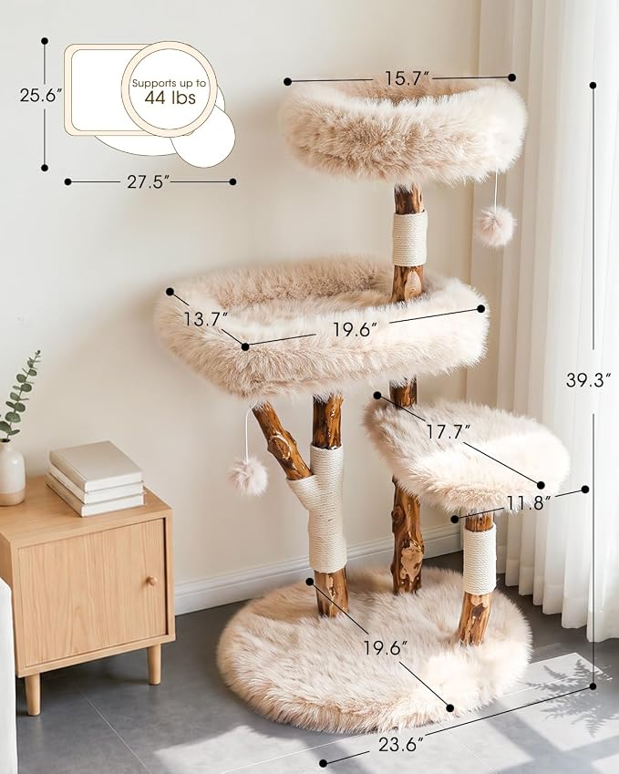 Real Branch Cat Tree, Natural Wood Cat Tower for Indoor Cats | Real Tree Branches no Processed Wood, 44 lbs Capacity, Premium Faux Fur Perches, 23.6" Anti-Tip Base, 30-Min Assembly - Image 7