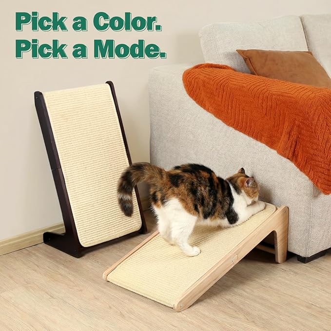 Zakkart L-Shaped Sisal Cat Scratcher, 24.8'' Tall Convertible 70° Vertical Scratching Pad & 20° Ramp Scratcher, Natural Sisal Mat, Solid Wood Frame, Helps Protect Furniture, Easy Assembly (Natural) - Image 6