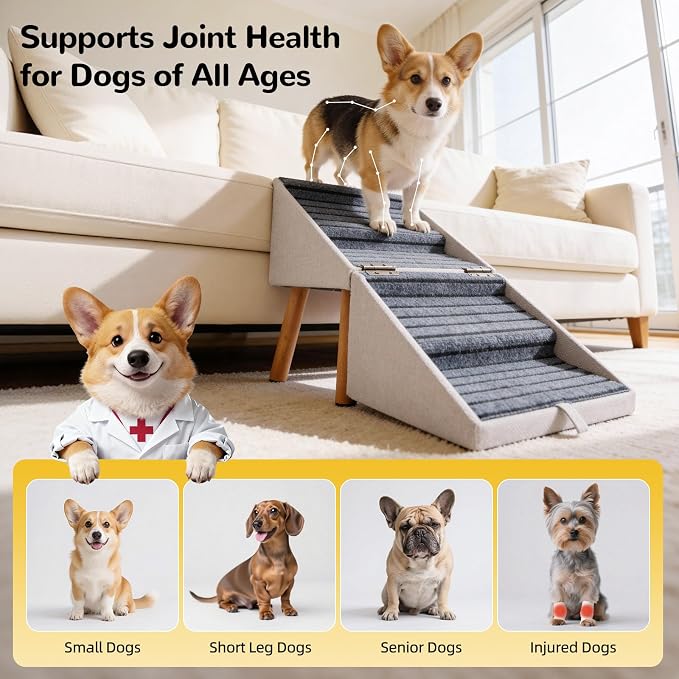 Dog Stairs for Small Dogs, 2-in-1 Foldable Pet Ramp and Ottoman, 17.13" H | Non-slip carpeted steps, solid wood support, gentle incline for couches, and a foldable ottoman design for compact storage. - Image 2