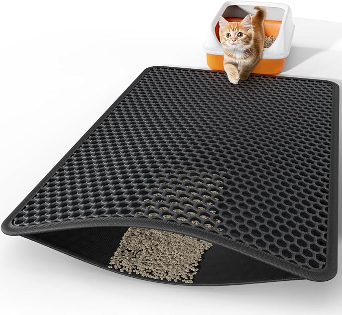 Powools Cat Litter Mat, Double-Layer, 46 x 35 in, Urine-Proof, Black | Non-Slip Litter Trapping Mat, Easy to Clean, Kitty Litter Mats for Floor, Scatter Control, Waterproof Litter Box Mat for Cats by Powools