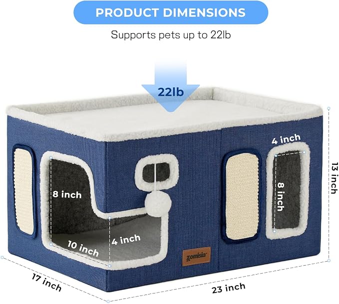 ZOMISIA Extra-Wide Cat House for Indoor Cats - Large Cat House for Pet with Fluffy Ball Hanging and Scratch Pad, Foldable Cat Hideaway for Multi Cats, 23x16.5x13 inches, Grey - Image 5