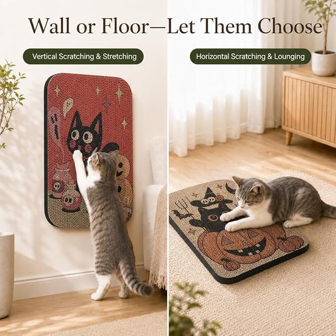 2 Pack Cat Wall Scratcher, Art Cat Scratching Board for Cats | Wall Mounted Cat Scratch Pad, Water-Based Ink, Hook&Loop Strips, Floor or Wall Use, 16.7x11x1 Inch, Pumpkin - Image 5