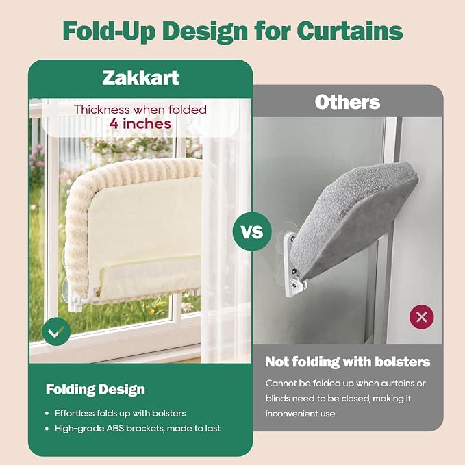 Zakkart Mellow Foldable Cat Window Perch, Upgraded Suction Cups (Brown, M) | Curtain-Friendly, Dual-Fabric Striped Machine Washable Bed, Heavy Duty ABS & Metal Frame, Hold up to 40 lbs., 22.8"W x 15.5"D - Image 4