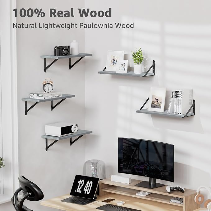 Wall Shelves 7.3" Deep Solid Paulownia Wood (Grey, Set of 3) | 15mm Thick, Wider & Longer & Stronger, Easy to Install, Floating Shelf for Room Wall, Bedroom, Office, Decor & Storage - Image 4