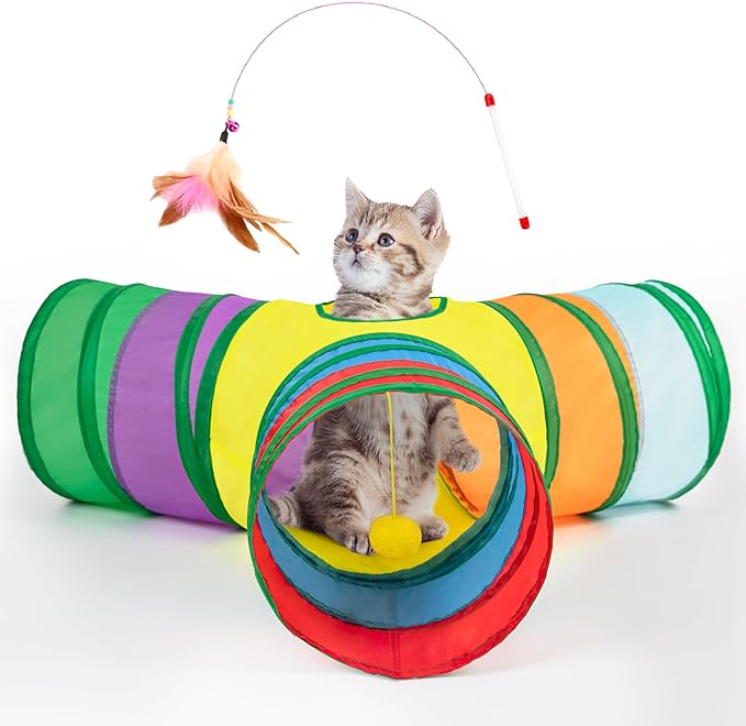 Tempcore Cat Tunnel for Indoor Cats, 3 Way Collapsible Pet Play Tunnel with Teaser Wand, Peek Holes & Hanging Ball, Interactive Tube for Kittens & Rabbits, Rainbow by Tempcore