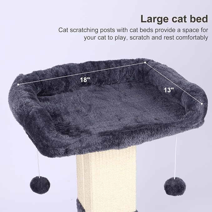 34" Cat Scratching Post for Indoor Cats, Sisal Cat Scratcher with Large Plush Perch, Vertical Posts with Elevated Bed and with Two Dangling Balls, Removable & Washable Cover, Dark Grey - Image 6