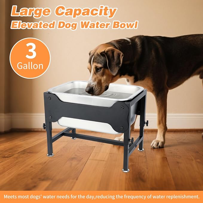 3 Gallon Elevated Dog Water Bowl, Raised Stand for Large Dogs | 4 Adjustable Heights, 9.65-15.16 in Stand, 3 Gallon Bowl, 14 x 10.6 x 5.9 in Size, Indoor Outdoor Use, Easy to Clean - Image 3