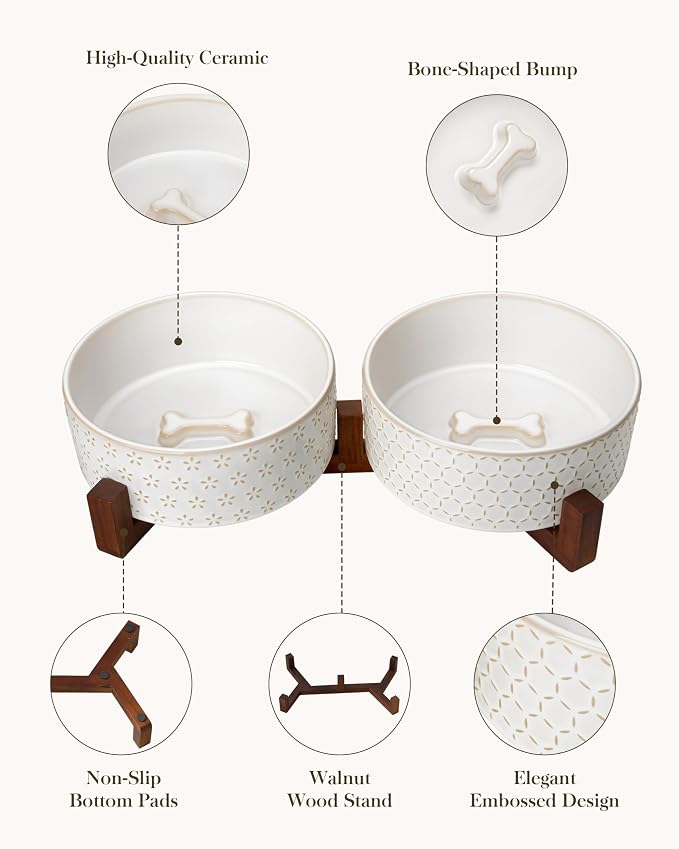 MALACASA Dog Bowl Set, Ceramic Bowls with Walnut Wood Stand, 6 Cups | Five-Leaf Grass and Honeycomb Design, Non-Slip Base, for Dogs, About 26% Heavier than Similar Ceramic Bowls - Image 5