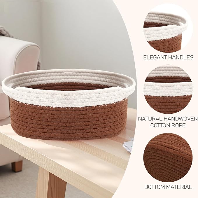 JMvicyroam Small Woven Basket, Empty Gift Basket, White&Brown/2 Pack | Small Gift Basket, Cotton Rope, 12 x 8 x 58 in, Handles, Includes Ribbon and Bag, Birthday Gift Basket - Image 3