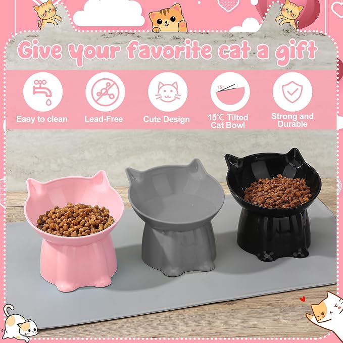 3 Pcs Elevated Cat Bowls 15°Raised Cat Food Bowl with Silicone Mat Grey | with Silicone Mat Whisker Friendly Anti Vomiting Cats Dishes Pet Food and Water Bowls for Indoor Cats Kittens - Image 4