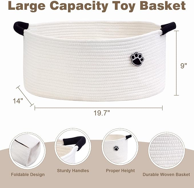 Optish 40L Extra Larg Dog Toy Basket, Woven Storage Baskets with Handles | 20" x 14" x 9" XL Toy Storage Box and Bin with Handles for Living Room, Bedroom Organization, Foldable, Durable, Home Decor - Image 3