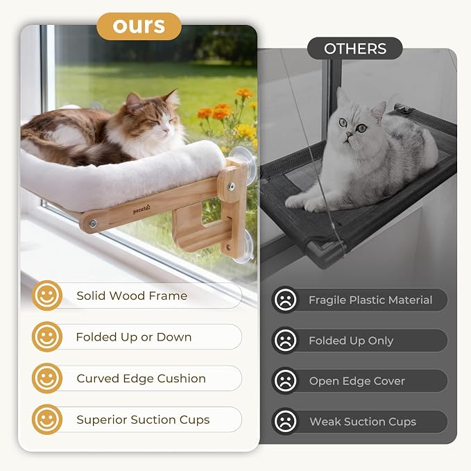 Pecute Foldable Cat Window Perch, Cloud-Soft Cat Bed with Wood Frame, 26" L | Solid Wood, Strong Suction Cup, Washable Cushion, Sided Bolster, Large Cat Hammock Indoor for Sunbathing, Bird Watching - Image 9
