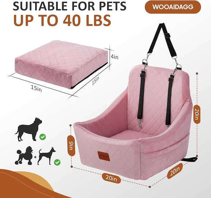 WOOAIDAGG Dog Car Seat for Medium Dogs, Pet Travel Bed with Seat Belt Channel, Fully Detachable and Washable, 3 Straps Easy to Install (Pink) - Image 2