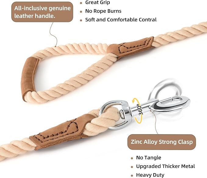 Mile High Life Dog Leash Braided Cotton Rope w/Leather-Wrapped Ends/Handle | Rust-proof 360° swivel clasp, Heavy-duty for medium/large dogs. Great for weddings, daily walks (4 FT, 1/2", Light Brown) - Image 4