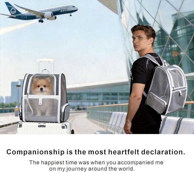 Cat Dog Backpack 12.6"×11.4"×16.5" Large Breathable Pet Bag Carrier | Full Mesh Ventilation, Roll-Up Front Door, Padded Straps, Side Storage Pockets for Walking, Driving, Vet & Outdoor Trips - Image 5