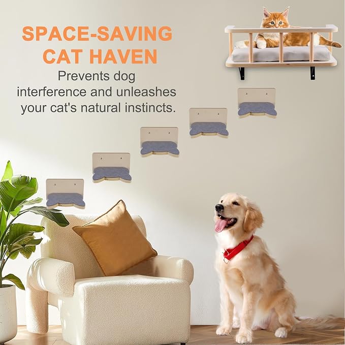 Large Cat Wall Shelves with 5 Steps - Heavy Duty Cat Wall Furniture, Climber, Shelves & Perches with Comfy Cushion & Guardrails, Space-Saving for Indoor Cats(Dark) - Image 5