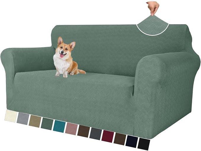MAXIJIN Loveseat Cover Sofa Covers (55"-69"), 1-Piece Stretch Couch Covers for 2 Cushion Couch Love Seat Slipcover with Elastic Bottom for Kids,Dog (Loveseat, Diamond Pattern Pea Green) by MAXIJIN