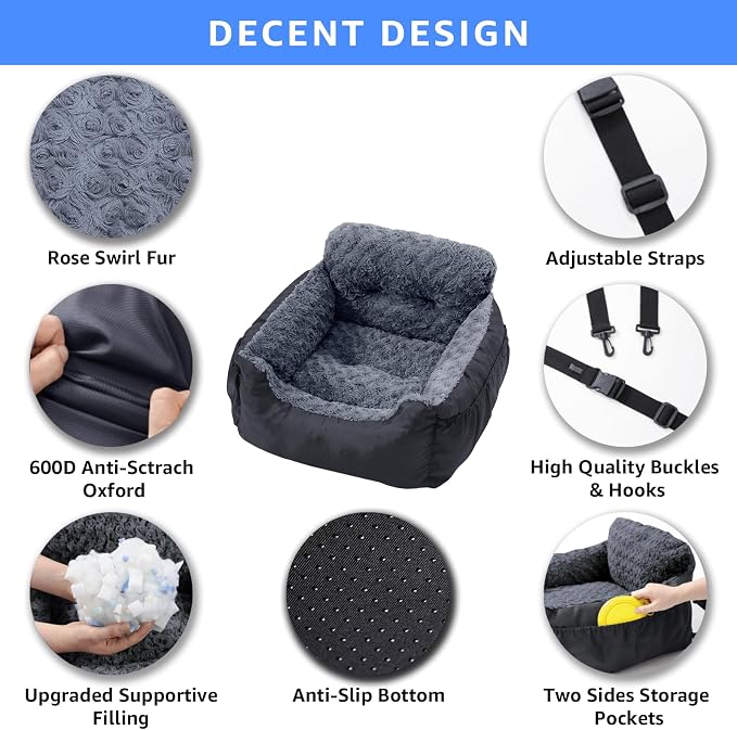 Oiilores Dog Car Seat for Small Dogs, Washable Pet Booster Seats with Clip-On Safety Leash, Comfy Deluxe Plush Carseat with Storage Pockets, Puppy Car Travel Carrier Bed for Dogs Under 25 lbs, Black - Image 3
