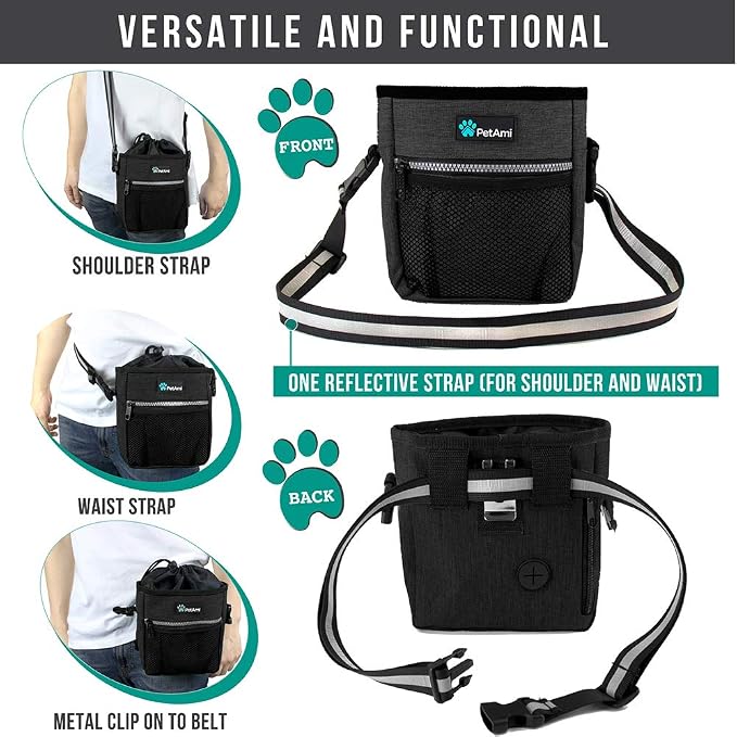 PetAmi Dog Treat Pouch, Pet Treat Pouch for Training, Dog Walking Bag Holder for Kibbles, Pet Food Toy, Dog Trainer Essentials Supplies, Poop Bag Dispenser, 3 Ways to Wear (Charcoal) - Image 4