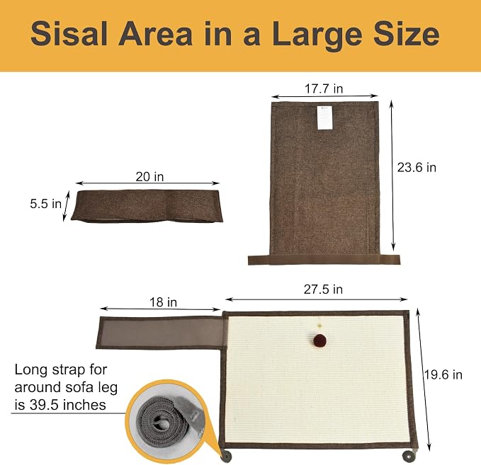 Upgraded Cat Scratch Furniture Protector,Cat Scratch Sofa Arm Sheild with 27.6’‘L*19.6’‘W Natural Sisal and Scratch Ball for Protecting Couch Sofa Chair Furniture (Brown/Left Handed) - Image 2