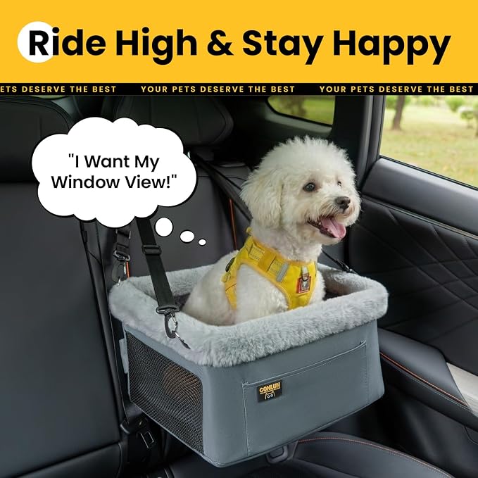 Conlun 2-Pack Dog Car Seat | Steel Frame Anti-Collapse | Small Pet | Grey | Heavy-duty Oxford | Rigid Skeleton Stops Wobbling | Leash Prevents Escapes | Elevated Pet Booster for Calm Car Trips - Image 7