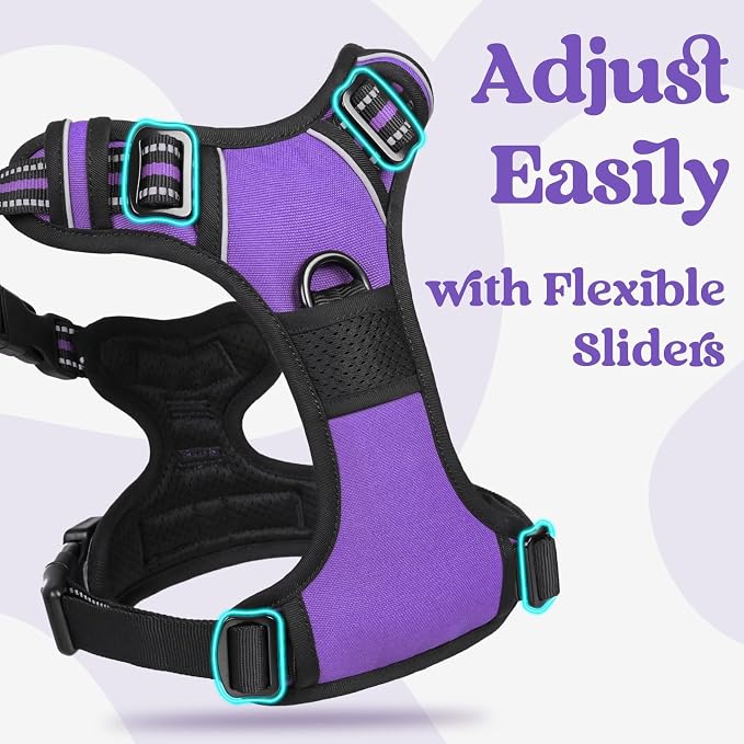 rabbitgoo Dog Harness Medium Sized, Updated Easy On & Off with 3 Buckles | No Pull No Choke, Walking with 2 Clips and Handle, Adjustable Soft Reflective, Purple, Medium - Image 4
