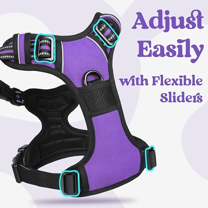 rabbitgoo Dog Harness Small Sized, Updated Easy On & Off with 3 Buckles | No Pull No Choke, Walking with 2 Clips and Handle, Adjustable Soft Reflective, Purple, Small - Image 4